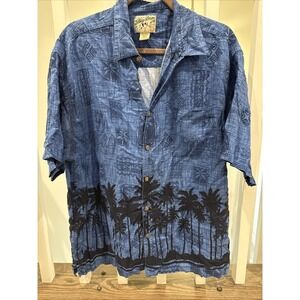 Big Dogs Shirt Mens L Blue All Over Print Hawaiian Button Camp Tropical Trees